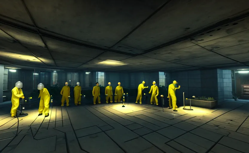 Image similar to in-game screenshot of a group of hazmat scientists on unreal engine 5, in a liminal underground garden, photorealistic, retrofuturism, brutalism, staggered terraces, minimalist, soft vintage glow