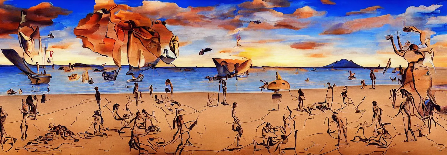 Prompt: People in beach by Salvador Dali and Bob Ross collaboration, mural, sun set, digital art, high details