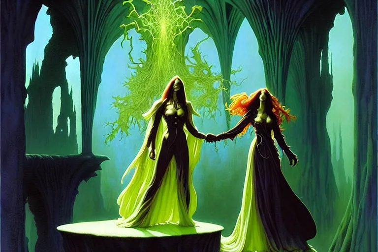 Prompt: the female arcanist and the male artificer by michael whelan and roger dean and brom and hubert robert and greg staples and donato giancola, beautiful, flowing magical robe, highly detailed, hyperrealistic, intricate, energy, electric, blue flame, low light, green crystal, high contrast, old and young, lifelike