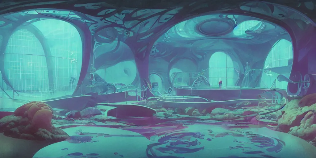 Image similar to undersea laboratory interior with organic circular windows, figures, soft neon lights, bright colors, cinematic, cyberpunk, smooth, chrome, lofi, nebula, calming, dramatic, fantasy, by Moebius, by zdzisław beksiński, fantasy LUT, studio ghibli, high contrast, epic composition, sci-fi, dreamlike, surreal, angelic, 8k, unreal engine, hyper realistic, fantasy concept art, XF IQ4, 150MP, 50mm, F1.4, ISO 200, 1/160s, natural light, Adobe Lightroom, photolab, Affinity Photo, PhotoDirector 365