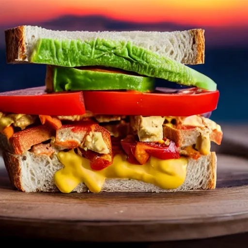 Prompt: sandwich breath that inside has tofu, tomato, onion, avocado and cheddar, over a dish and over a table, sunset background with saturn in the sky, studio photo, amazing light