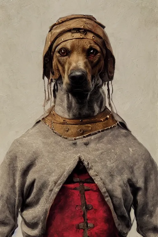 Image similar to Slavic dog head man, beautiful torso in medieval clothes, oil painting, hyperrealism, beautiful, high resolution, trending on artstation,