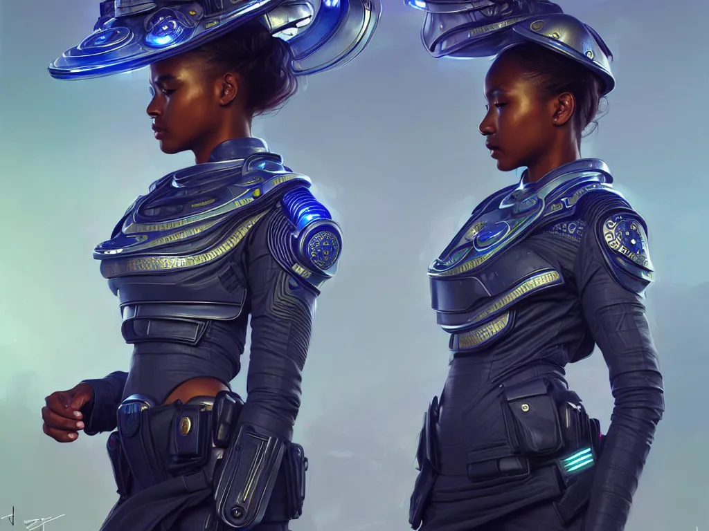 Image similar to portrait futuristic south africa police uniform female, at future neon light rooftop, ssci - fi and fantasy, intricate and very very beautiful and elegant, highly detailed, digital painting, artstation, concept art, smooth and sharp focus, illustration, art by tan zi and ayanamikodon and alphonse mucha and wlop