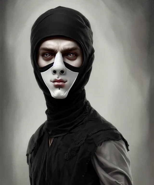 Prompt: white young man with black fabric mask, highly detailed face!!!, true anatomy!, extremely detailed!, digital painting, unreal engine 5, art by tom bagshaw