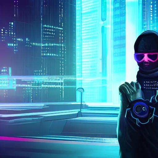 Prompt: cyber security engineer, lighting, sharp focus, in cyberpunk aesthetic, digital painting