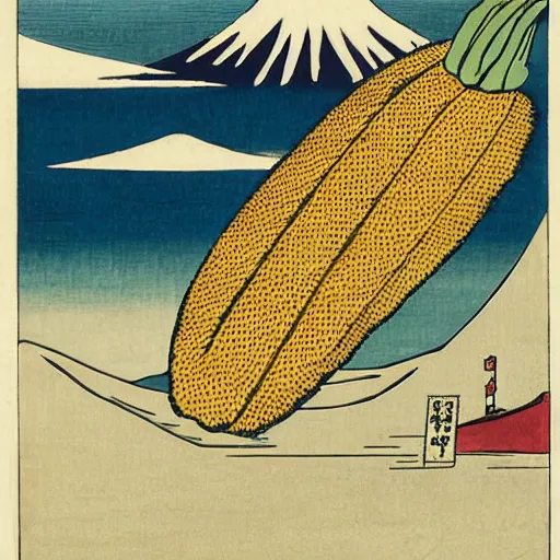 Prompt: Giant banana fighting against Godzilla with mount fuji in the background by Hokusai, ukio-e