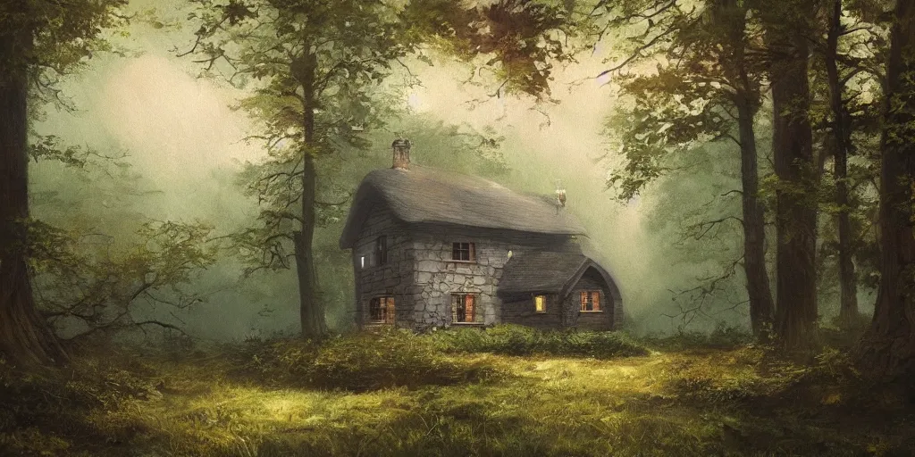 Image similar to a painting of a cottage in the woods and empty woods, 8k, fantasy, hyper realistic, atmospheric, cinematic