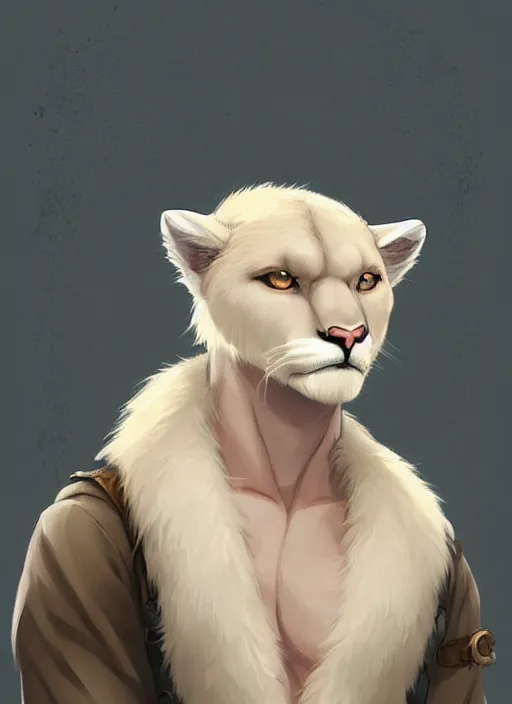 Image similar to beautiful portrait commission of a male furry anthro albino mountain lion wearing miner's clothes in the western frontier. Atmospheric. Character design by charlie bowater, ross tran, artgerm, and makoto shinkai, detailed, inked, western comic book art