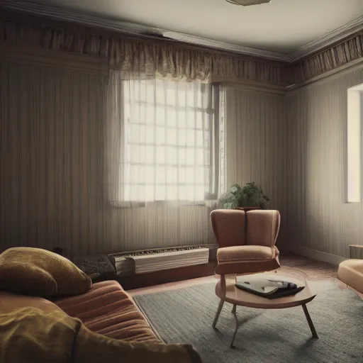 Image similar to 3D render of vintage interior house , 70's, octane render, unreal engine,