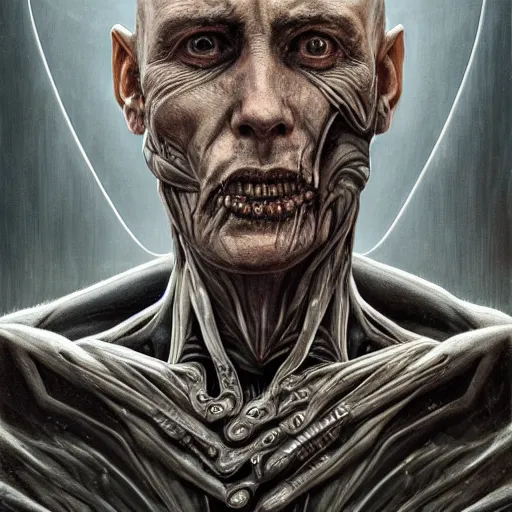 Image similar to surreal portrait of a man by Greg Rutkowski and H.R Giger, cyborg of indeterminate age, symmetrical, bald, haunting and artificial appearance, pale as marble, biomechanical and intricate, empty and uncany expression, cosmic void background, frightening, fascinating, highly detailed portrait, digital painting, book cover, artstation, concept art, smooth, sharp foccus ilustration, Artstation HQ.