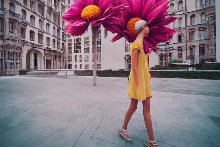 Image similar to giant flower head, girl walking in hotel, surreal, symmetry, flat space, fanciful, stark colours, detailed, wes anderson