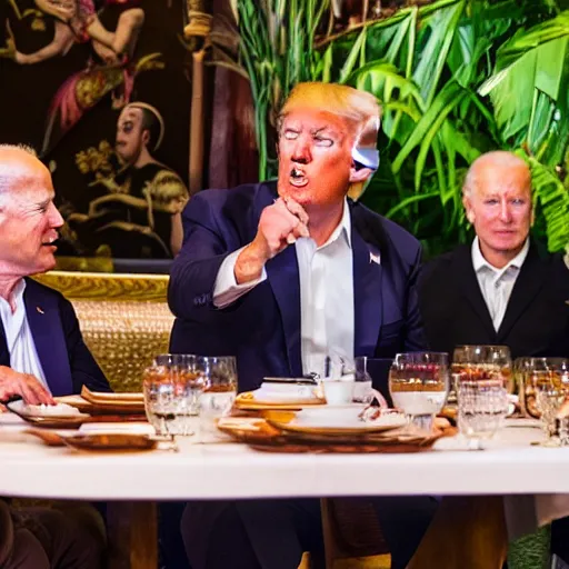 Image similar to Trump and Biden having dinner at a fancy Balinese restaurant, award winning photography, 85mm, perfect faces