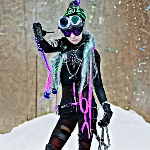 Image similar to cybergoth girl wearing goggles and eccentric jewelry by julie hewlett, - h 7 6 8