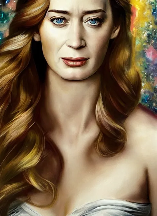 Image similar to amazingly pretty painting depiction of 20 year old Emily Blunt as a young goddess staring seductively at you. ultra detailed painting at 16K resolution and amazingly epic visuals. epically beautiful image. amazing effect, image looks gorgeously crisp as far as it's visual fidelity goes, absolutely outstanding. vivid clarity. ultra. iridescent. mind-breaking. mega-beautiful pencil shadowing. beautiful face. Ultra High Definition. godly shading. amazingly crisp sharpness. photorealistic film cel processed twice..