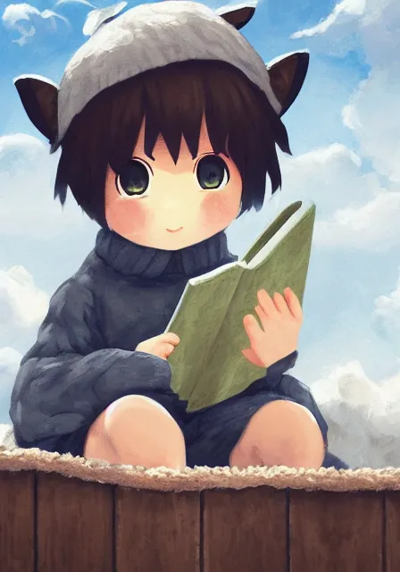 Image similar to beautiful little boy wearing sheep suit reading a book while sitting on chair, gray, blue, green and brown pallet color. made in abyss art style, inspired in kris from deltarrune, cute detailed artwork, anatomically correct, soft details, ilya kuvshinov, reflection, perfect composition, mobile wallpaper, low illumination