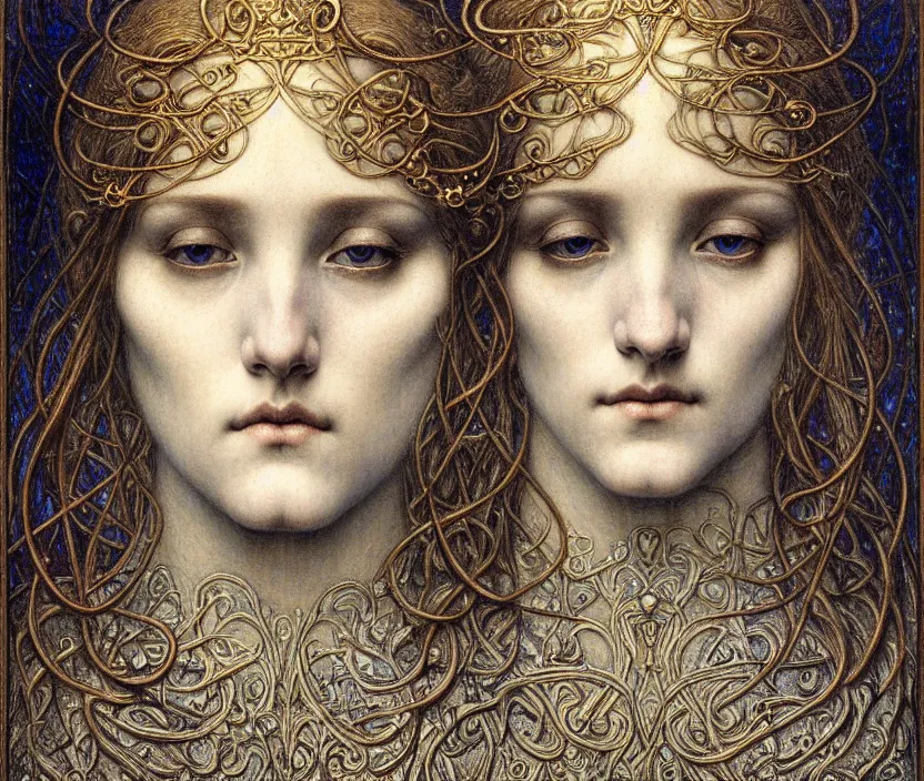 Image similar to detailed realistic beautiful young medieval queen face portrait by jean delville, gustave dore and marco mazzoni, art nouveau, symbolist, visionary, gothic, pre - raphaelite. horizontal symmetry