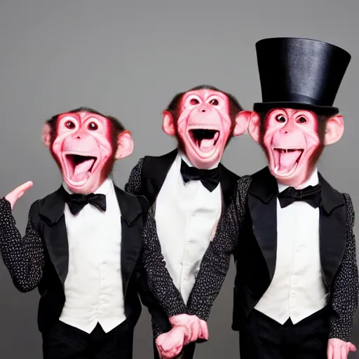 Prompt: 3 monkeys pointing their fingers at the camera. wearing top hats, laughing uncontrollably, hysterical laughter