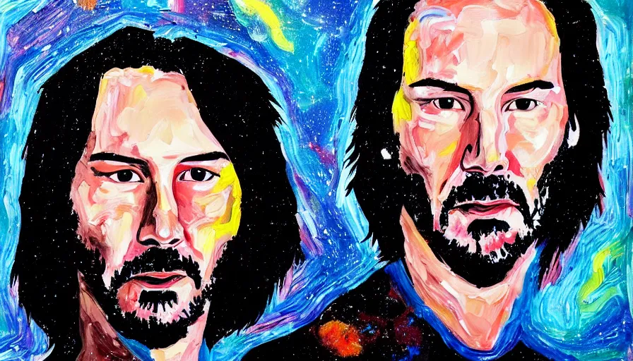 Image similar to portrait of Keanu reeves floating in space with a distressed look on his face, acrylic paint on canvas,