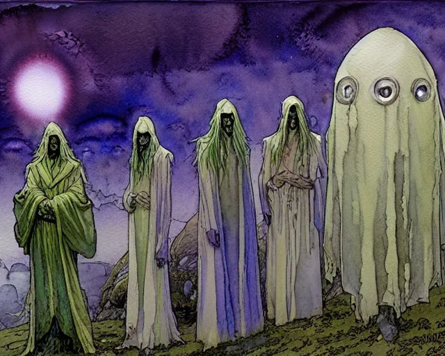 Prompt: a realistic and atmospheric watercolour fantasy character concept art portrait of a group of aliens wearing robes and emerging from the mist on the moors of ireland at night. a ufo is in the sky. by rebecca guay, michael kaluta, charles vess and jean moebius giraud