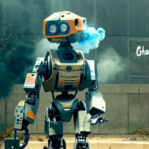 Image similar to chappie the robot making a vape smoke cloud, huge amount of vape, we get it you vape