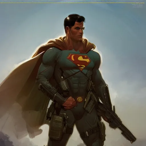 Image similar to Superman as a soldier in Arma 3, gorgeous, beautiful, intricate, highly detailed, digital painting, artstation, oppressive lighting, concept art, sharp focus, illustration, art by greg rutkowski and alphonse mucha