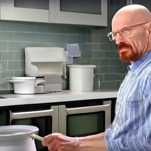 Image similar to Walter white selling kitchen utensils on the home shipping channel, tv footage.