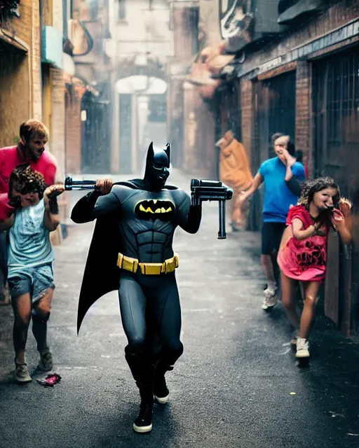 Image similar to happy batman firing super soaker water gun at playful criminals in an alleyway, everyone having fun, product advertisement, photogenic photograph