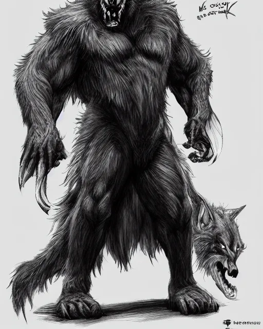 Image similar to werewolf concept designs in the style Neville Page, highly detailed, trending on artstation