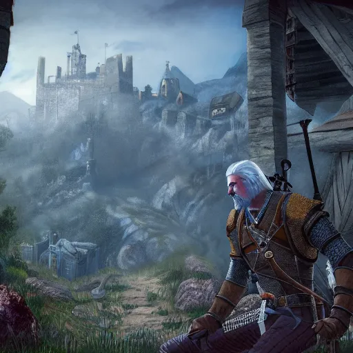 Image similar to witcher in the old castle, game scene graph, fantasy art