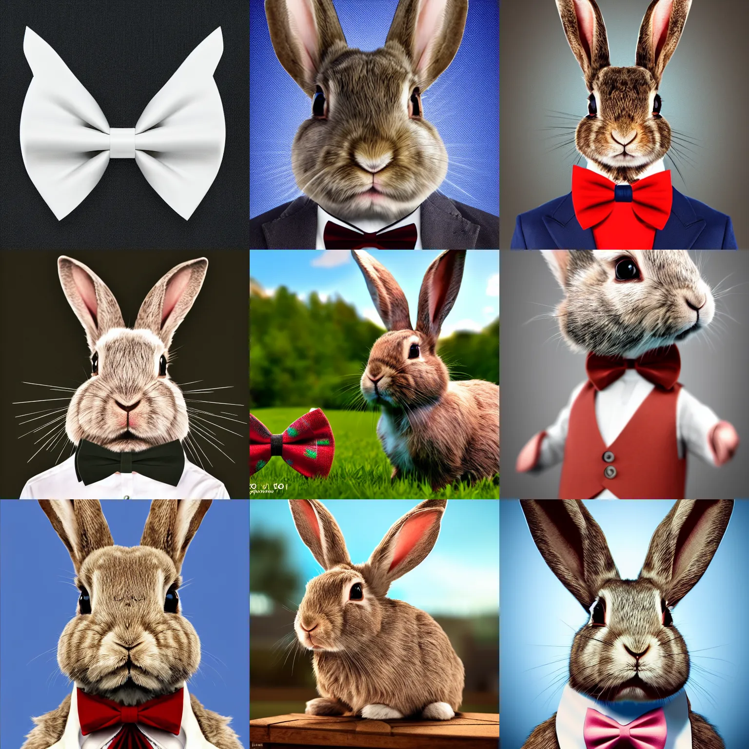 Prompt: rabbit wearing a bow tie, super realistic, hyperrealistic, movie poster, photoraph, 4k, 8k, uhd, hd, extremely detailed