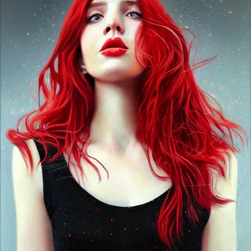 Image similar to beautiful girl, long wavy hair, small nose, freckles, red hair, portrait, photorealistic oil painting, highly detailed, pretty woman, attractive, black dress, tight dress