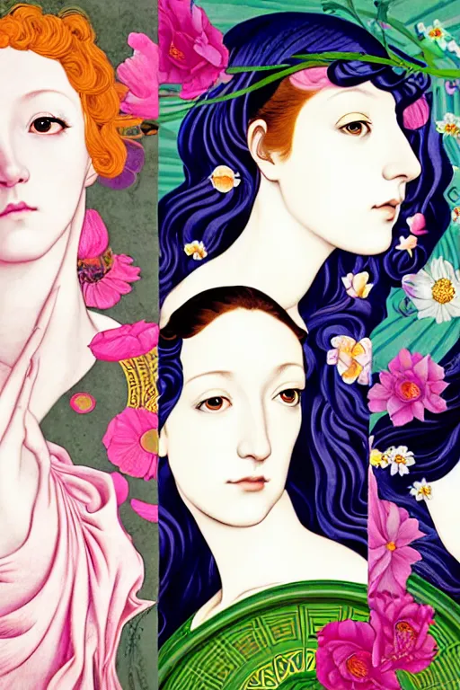 Image similar to 3 Spring Muses symbolically representing March, April, and May, in a style blending Æon Flux, Peter Chung, Shepard Fairey, Botticelli, Ivan Bolivian, and John Singer Sargent, inspired by pre-raphaelite paintings, shoujo manga, and cool Japanese street fashion, dramatically blossoming flora and fauna, petals falling everywhere, pastel vivid triad colors, hyper detailed, super fine inking lines, ethereal and otherworldly, 4K extremely photorealistic, Arnold render