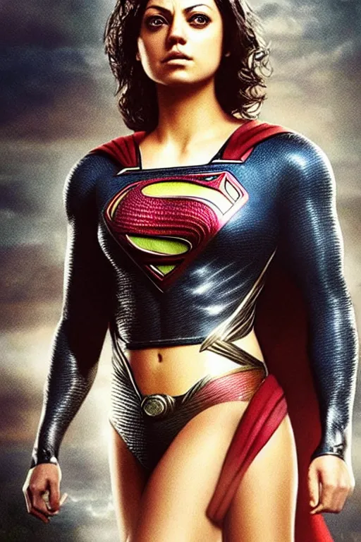 Prompt: a fancy close up of Man of Steel cast as Mila Kunis by Greg Rutkowski, full body shot