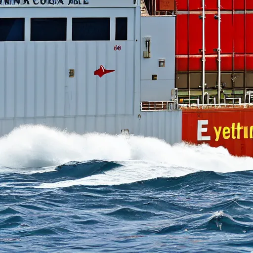 Prompt: close up ground - level side - view of a a hydrofoil container ship in baltimore maryland. the time is the golden hour and the water is very choppy. canon eos digital rebel xti, 1 0 0 - 3 0 0 mm canon f / 5. 6, exposure time : 1 / 1 6 0, iso 4 0 0