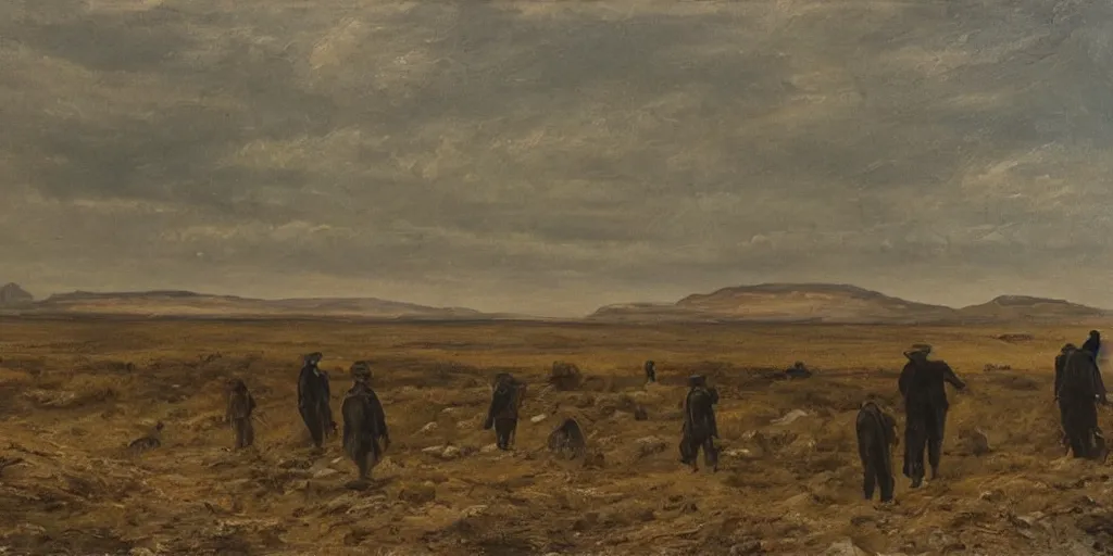 Prompt: “ sparse column of haggard men wearing 1 8 0 0 s navy uniforms walking into distance, barren landscape, no grass or trees, gravel and scree ground, desolate arctic landscape, romanticist oil painting ”