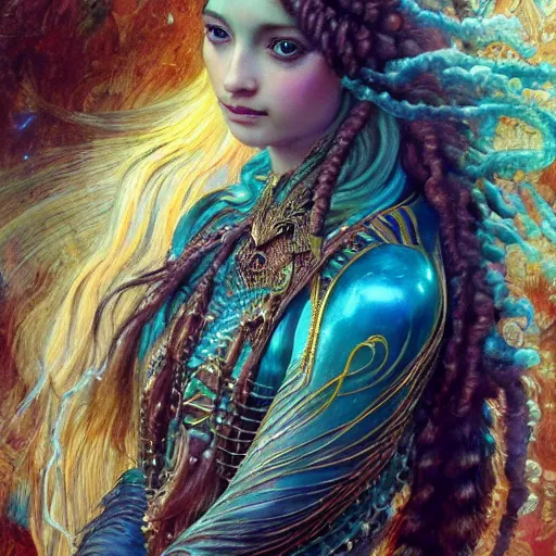 Prompt: artstation, intricate details, hyper details, by gaston bussiere, by sandro botticelli, wearing labradorite veils, tan skin sumerian mystic lady of elche, egyptian sumerian features, techno mystic intergalactica electronic pop star, wear labradorite armor with aqua neon rapunzel dreadlocks,