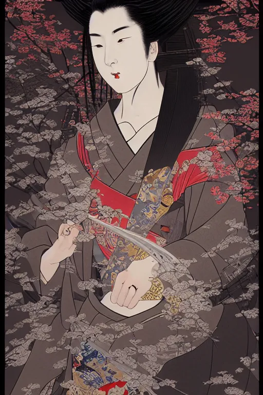 Prompt: beautiful Ukiyo-e and black magic and japanese and geisha female ninja portrait+shiny eyes+light flowing hair, in cyberpunk ruin tokyo temple, ultradetail face, art and illustration by tian zi and craig mullins and WLOP and alphonse mucha, fantasy, intricate complexity, human structure, fantasy world concept, watermark, blurry, hyperrealism 8k