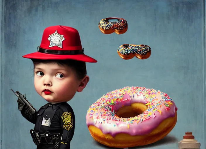 Image similar to a donut wearing a cop hat, lowbrow, matte painting, 3 - d highly detailed, in the style of mark ryden,