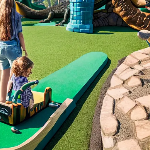 Image similar to family playing mini golf at a dinosaur themed park, mini put, top down view