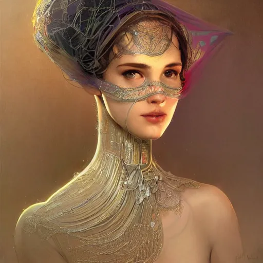 Prompt: portrait of a humanoid robot wearing a veil, mystic, mystical, intricate, headshot, highly detailed, digital painting, artstation, concept art, sharp focus, cinematic lighting, digital painting, art by artgerm and greg rutkowski, alphonse mucha, cgsociety