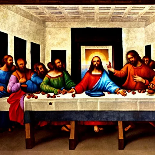 Prompt: Renaissance painting of the Last Supper by Leonardo da Vinci, gay Jesus Christ and the twink apostles during Pride Month