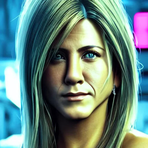 Prompt: young jennifer aniston portrait, Cyberpunk 2077, photorealistic, ultra detailed, cybernetic head, neon, octane, bokeh, 8k