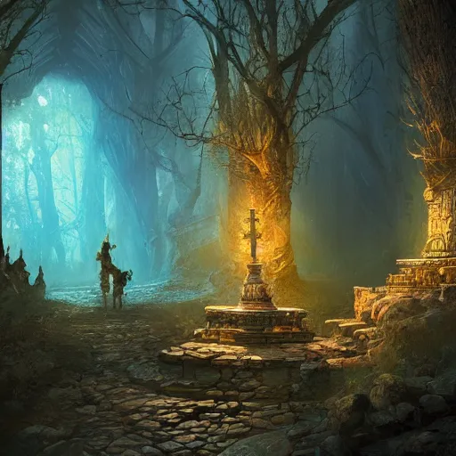 Prompt: stone structure holding a brightly shining energy light beam, intricate details, ornate, ancient forest, vibrant atmospheric colors, D&D, Magic The Gathering, by Craig Mullins, volumetric lighting,