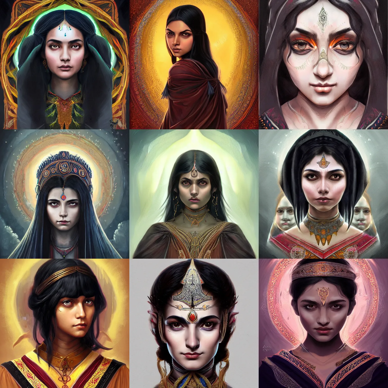Prompt: head-on symmetrical centered painted portrait, young Indian woman D&D wizard, black hair, medieval robes, fantasy, intricate, elegant, highly detailed, digital painting, smooth, sharp focus, illustration, artstation, in the style of Artgerm and Anna Podedworna and Alex Ross