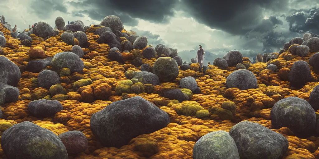 Prompt: Photorealistic crowd of lurching people made from colorful fungus approach. Magically floating rocks, with ominous storm clouds, strange levitating stones, stones falling from the sky, a gentle rising mist. occult photorealism, UHD, amazing depth, glowing, golden ratio, 3D octane cycle unreal engine 5, volumetric lighting, cinematic lighting, cgstation artstation concept art