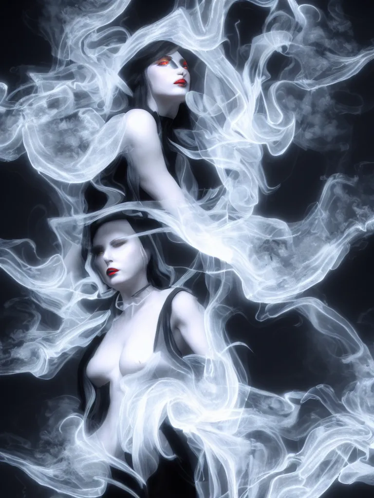 Prompt: white noir priestess, flowing swirls of smoke, hyperreal octane render volumtric cinematic