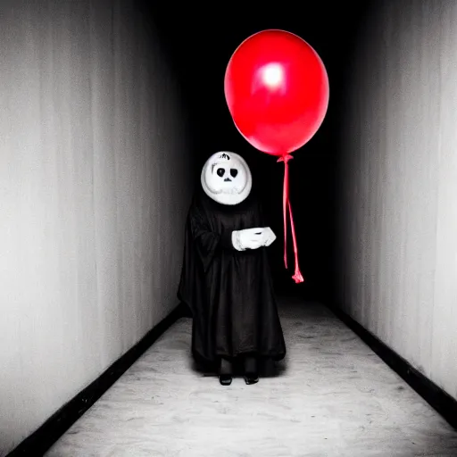 Image similar to Sinister ghost of an old crone with sunken eyes and a grimace smile with red balloons standing ominously at the end of a dark corridor. Horror HD photo