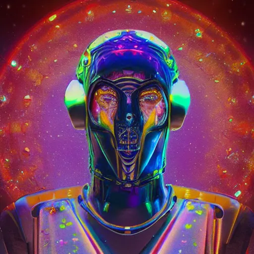 Image similar to the mummy dressed as an astronaut, style hybrid mix of Emma Lindstrom+Romi Lerda+ Sandra Pelser,Yves Tanguy+ Alphonse Mucha+ Ernst Haeckel+ Edward Robert Hughes+Stanisław Szukalski , rich moody colors,diamond dust glitter and sparkles, holographic krypton ion,red neon eyes,octane render,4k, ighly detailed, hyperrealism, excellent composition, cinematic concept art, dramatic lighting, trending on ArtStation