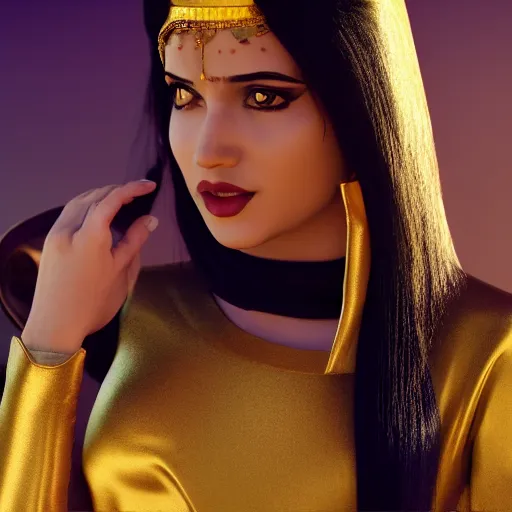 Prompt: aesthetic!!!!!! Female genie in Arabic clothing, olive skin, long black hair, gold tint, cinematic lighting, silk, fabric, full-length view, octane render, cinematic, hyper realism, octane render, 8k, depth of field, vibrant.