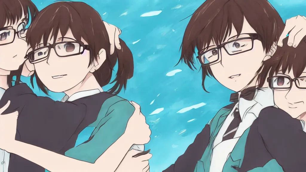 Prompt: a young man with medium brown hair and brown beard and glasses hugging Hatsune Miku, anime style